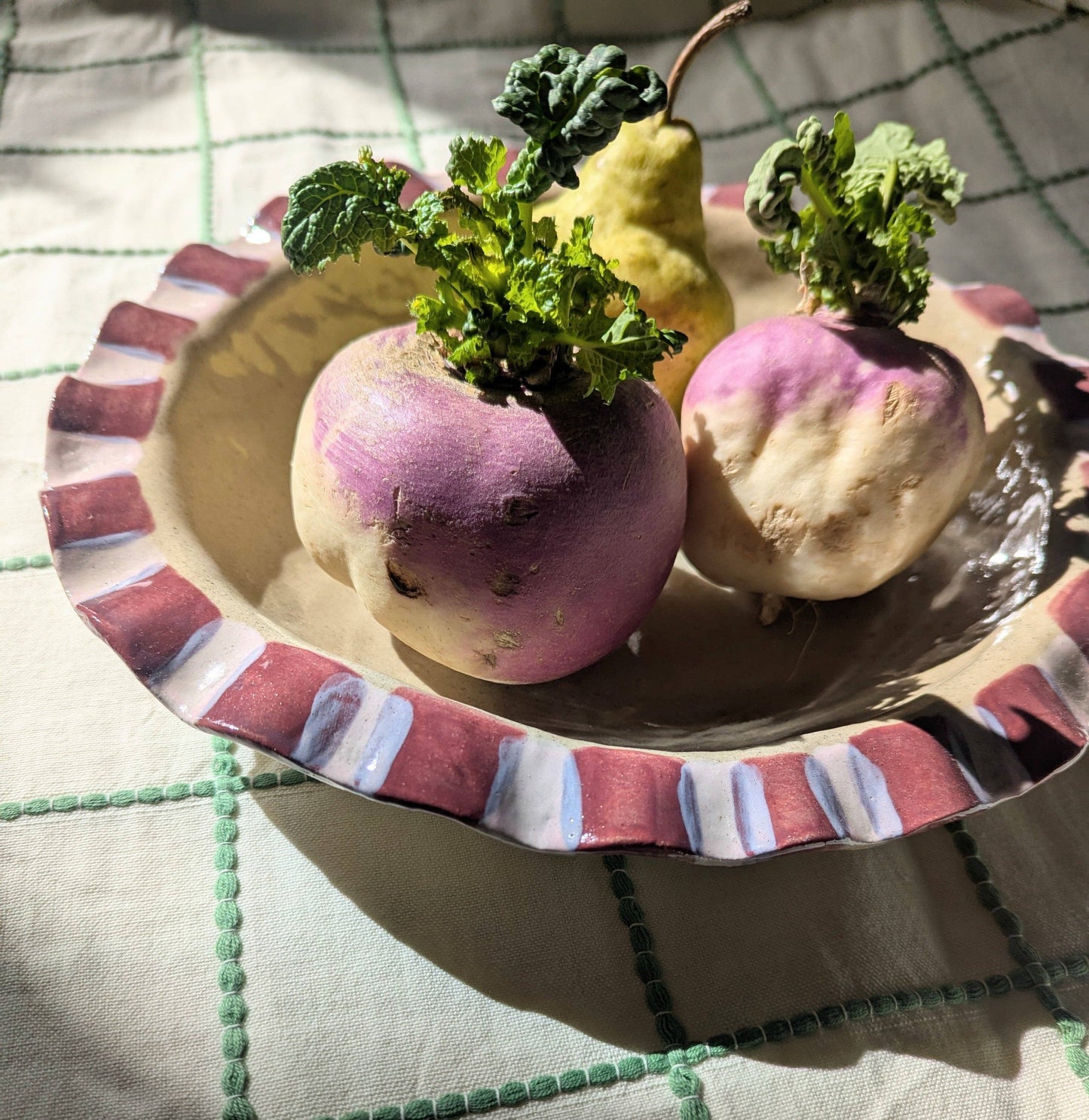Baby Pink & Burgundy Frill Serving Bowl by Rosie Gore