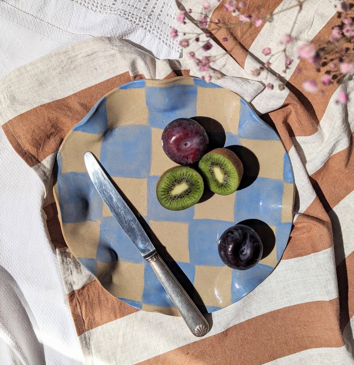 Baby Blue Check Wavy Serving Platter by Rosie Gore