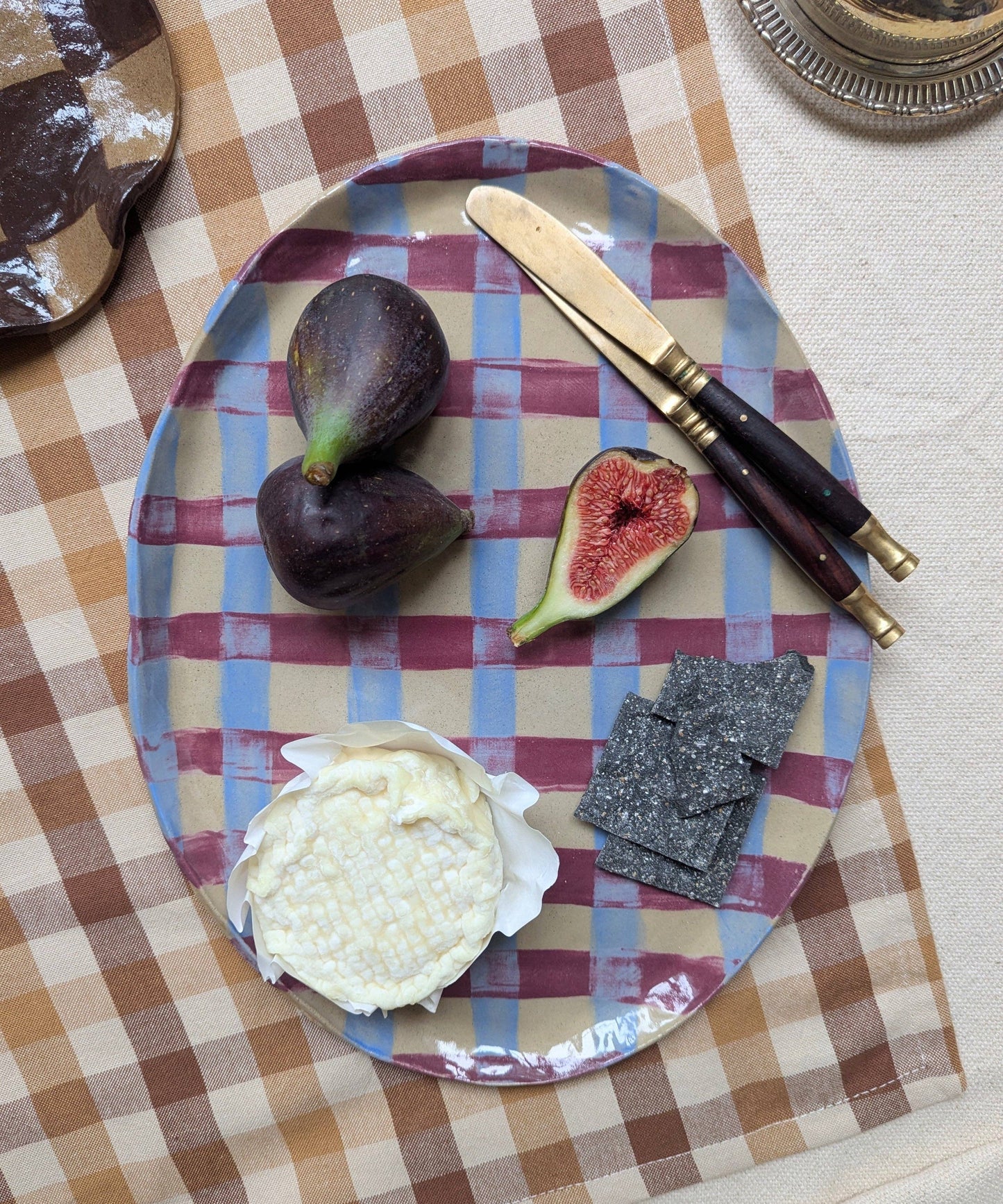 Baby Blue & Burgundy Gingham Oval Platter by Rosie Gore