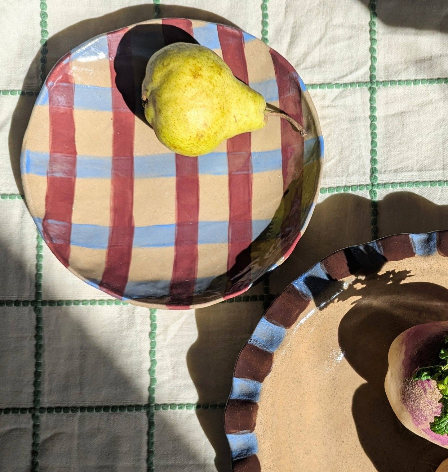 Baby Blue & Burgundy Round Gingham Serving Bowl by Rosie Gore