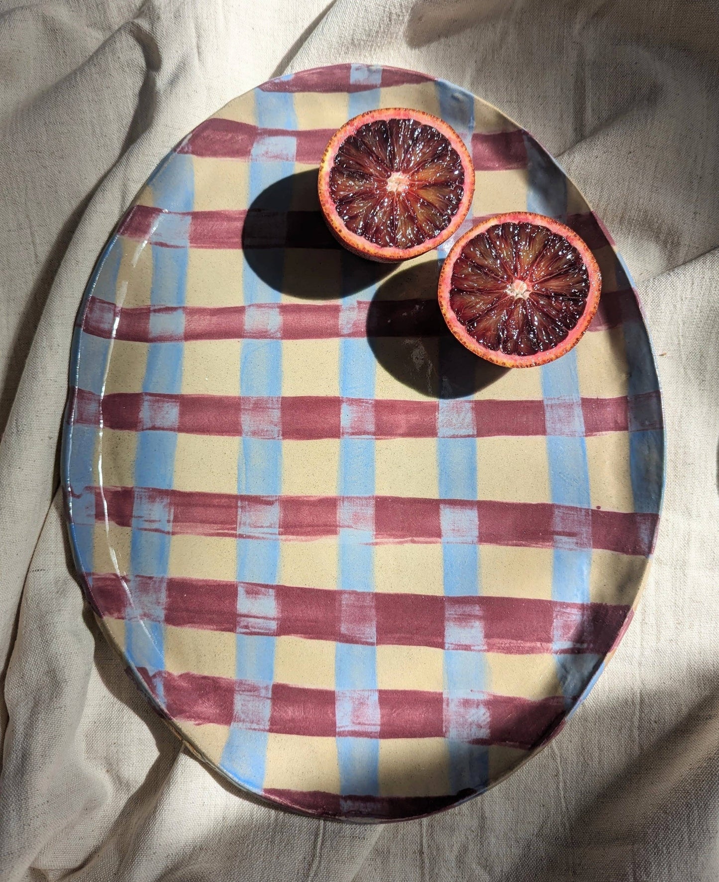 Baby Blue & Burgundy Gingham Oval Platter by Rosie Gore