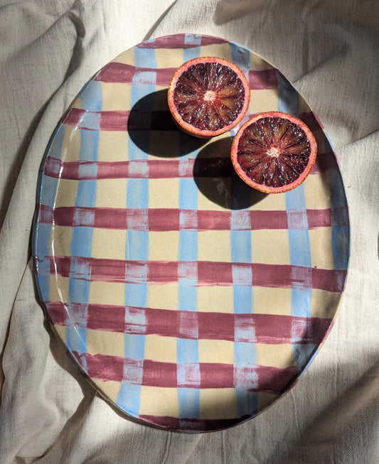 Baby Blue & Burgundy Gingham Oval Platter by Rosie Gore